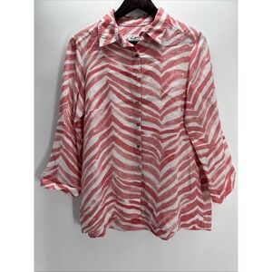 iLinen Womens Large Classic Button Front Shirt Coral Zebra 3/4 Sleeve Pockets